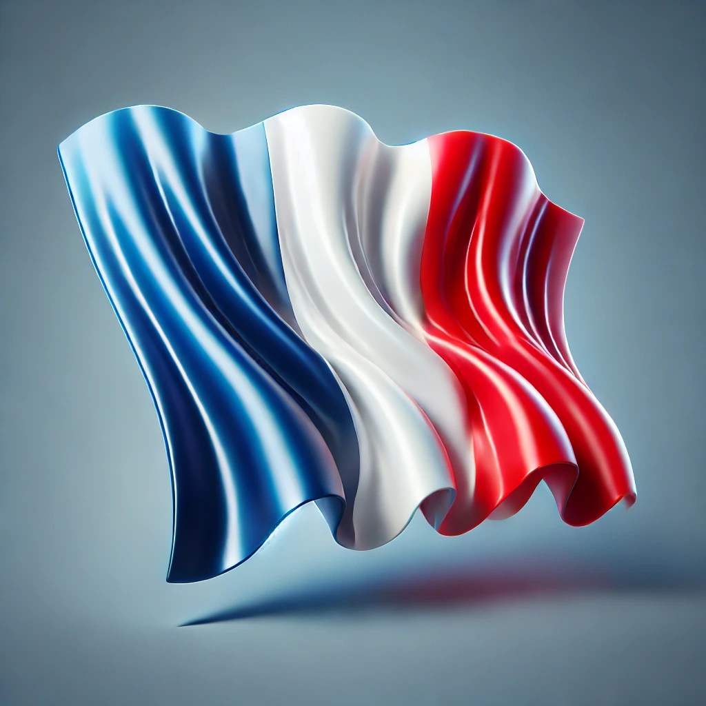 Drapeau français flottant avec des plis et une texture ondulée sur fond neutre.
