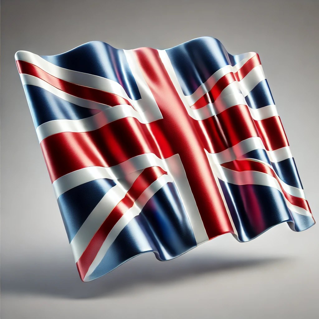 Drapeau du Royaume-Uni en tissu brillant, ondulant sur un fond neutre.